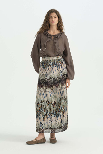 Nihan Patterned Chiffon Pleated Skirt with Elastic Waist - Brown