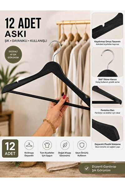 12'li Siyah Ahşap Motifli Kıyafet Askısı, Pantolon Barlı ve Çentikli Lüks Gardırop ve Dolap Düzenleyici
