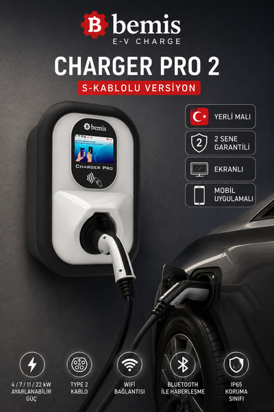 22 kW Wallbox Ekranlı Elektrikli Araç Şarj İstasyonu Kablolu WiFi RFID + Mobil