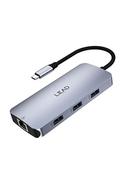 LEAD محول USB C متعدد المنافذ 9 في 1 (LHB09) - منفذ HDMI بدقة 4K، 3 منافذ USB، قارئ بطاقات SD/TF، إيثرنت، شحن PD بقوة 100 واط - رمادي