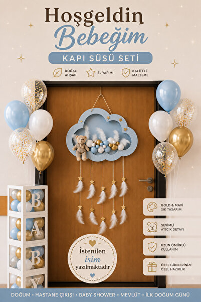 Doğasüs Mavi Gold Bebek Kapı Süsü Seti Ledli Ahşap Ayıcık Temalı Hastane Süsleme