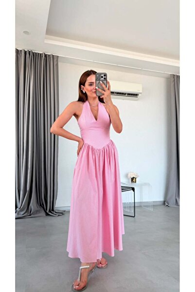 pelin yıldız butik Pembe Fleur Pötikareli Askılı Elbise