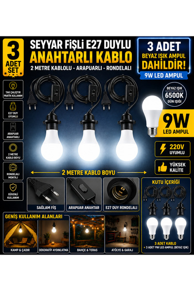 ECONA 3 Adet Seyyar Fişli E27 Duylu Anahtarlı Kablo Seti + 3 Adet 9W LED Beya...