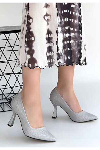 DMR Elegance Meyli Silver Satin Glitter Heeled Shoes