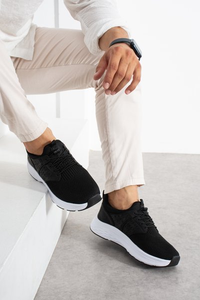 Victoris Ares Men's Black Lace-Up Lightweight Orthopedic White Eva Sole Knitwear Walking Casual Sneaker Sports Shoes