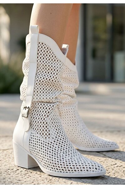 DMR Elegance Meria White Skin Laser Cut Cowboy Heeled Boots