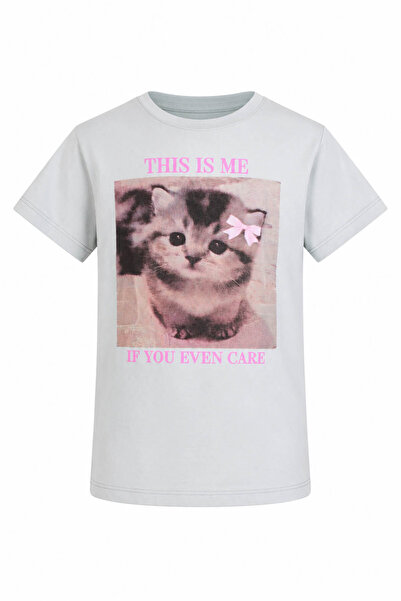 trender Cat Printed Mint Green Girls' T-Shirt 8037