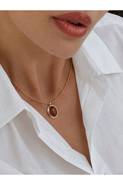 Noveria Studio Aura Collection Sienna Gold Oval Doğal Taşlı Çelik Kolye