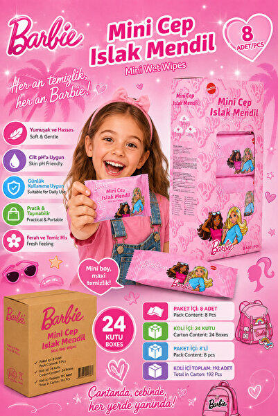 Barbie Mini Pocket Wet Wipes 8-Pack – Pocket Size, Soft Textured, Practical a...