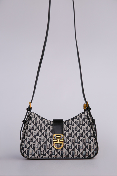 Levidor Monogram Patterned Double Strap Women's Baguette Bag Black