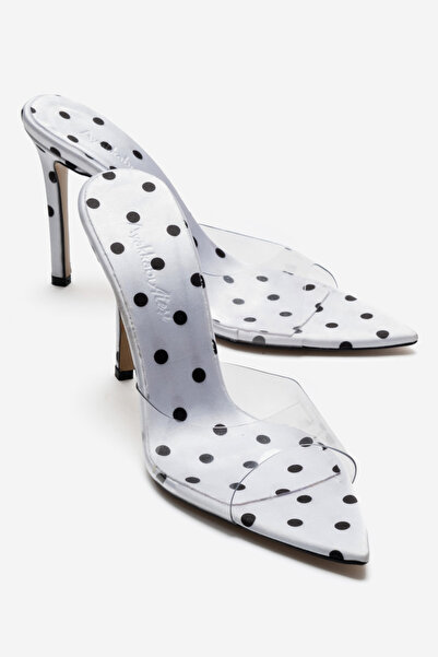 Ayakkabı Ateşi Women's White Polka Dot Detailed Pointed Toe Thin Heeled Trans...