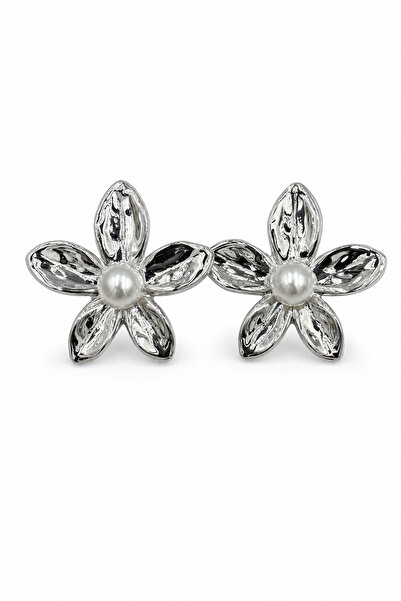 Jack Ferrero Floral Motif Pearl Detailed Shiny Gray Bijuteria Earrings