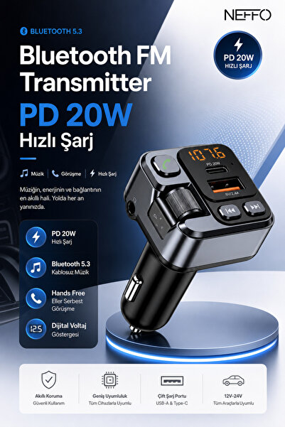 NEFFO Bluetooth 5.3 FM Transmitter Araç Çakmaklık Şarj Cihazı PD 20W Type-C USB Hızlı Şarj AUX Eller Serbest Konuşma Dijital Göstergeli