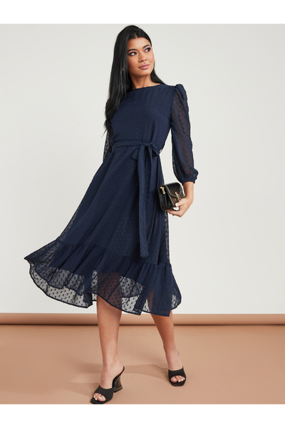 Styli Long Puff Sleeves Dobby Spot A-Line Midi Dress with Tie Belt