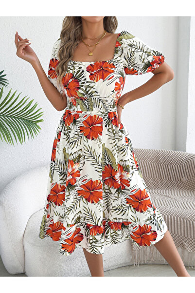 Take Two By Styli White Floral Square Neck A-Line Midi Dress