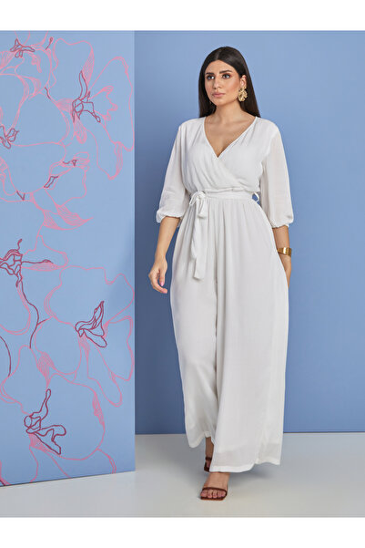 Styli 3/4 Sleeves Wide Leg Jumpsuit with Self Tie