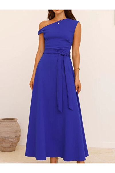 Take Two By Styli Blue Asymmetric Neck A-Line Maxi Dress