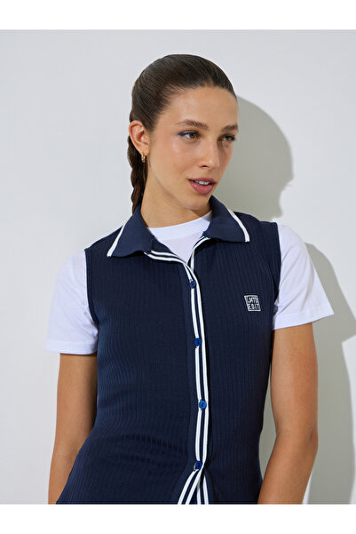 Styli Navy Blue Embroidered Sleeveless Knit Polo Top