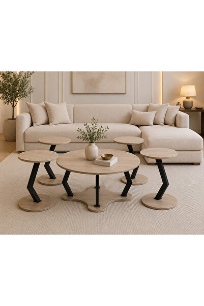 N.zone طقم طاولات قهوة 5 قطع بتصميم عصري، يضم طاولة رئيسية 80×80×45 سم و4 طاو...