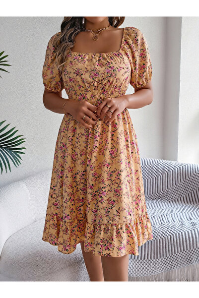 Take Two By Styli Coral Floral Square Neck A-Line Knee Length Dress