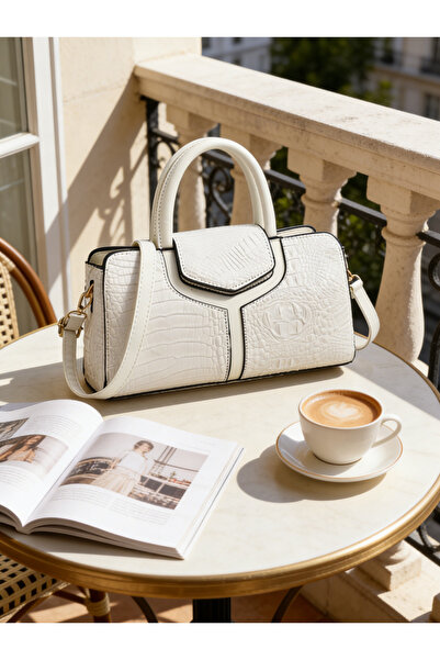 Take Two By Styli White Croc-Embossed Handbag