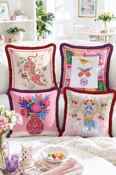 Realhomes Patchwork 4-Piece Fringed Throw Pillow Cover Set with Tiger, Bird, ...