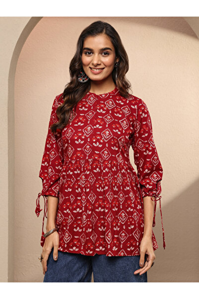 Libas By Styli Maroon Printed Viscose A-Line Kurti