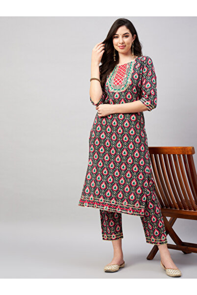 WineRed By Styli Navy Blue Printed Kurta And Pants Set