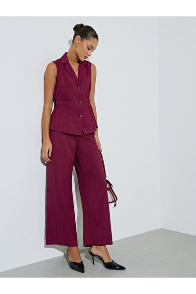Styli Burgundy Solid Wide Leg Pants