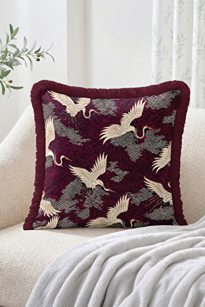 Realhomes Japanese Patterned Fringed Throw Pillow Cover with Flying Crane Bir...