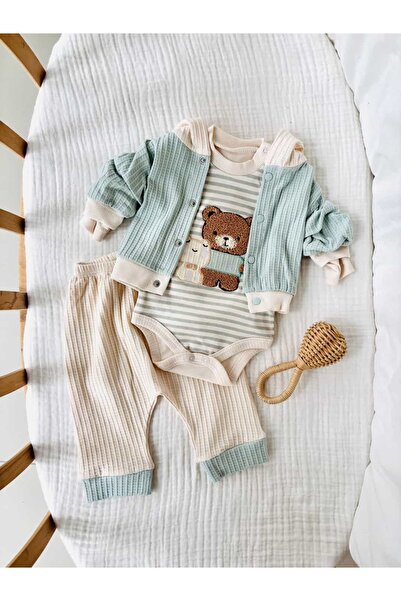 NUNU BABY Pinny Hırkalı Ayı Nakışlı 3'lü Bebek Takımı