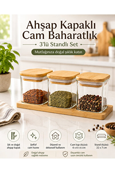 Ahşap Kapaklı Cam Baharatlık 3'lü Set