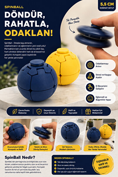 SürLaz SpinBall 2'li Sarı-Lacivert Stres Topu & Stres Çarkı – El Egzersiz Top...