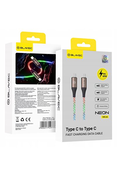 NO BRAND 2x Cablu Type-C PD 60W 100cm Multicolor RGB Încărcare rapidă Smartphone