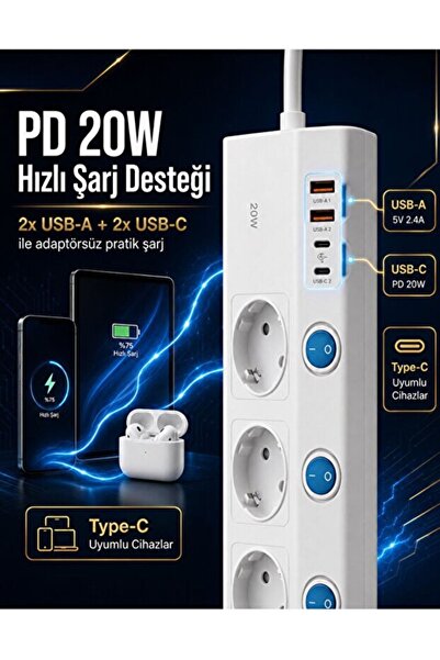 RAYLAX 5'li Akım Korumalı Priz 3680W 16A PD 20W Hızlı Şarjlı 2 USB-A 2 USB-C Anahtarlı Çoklu Uzatma Prizi