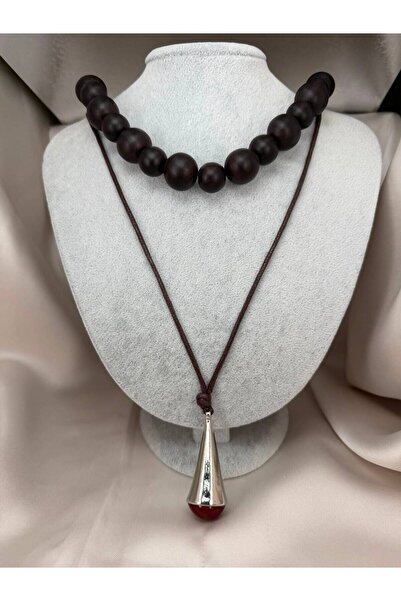 ZS Aksesuar Women's Brown Wooden Beaded Long Necklace with Metal Drop End Boh...