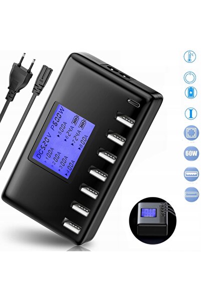 NO BRAND ÎNCĂRCĂTOR USB CU 8 PORTURI, STAȚIE DE ÎNCĂRCARE CU AFIȘAJ LCD, DIST...