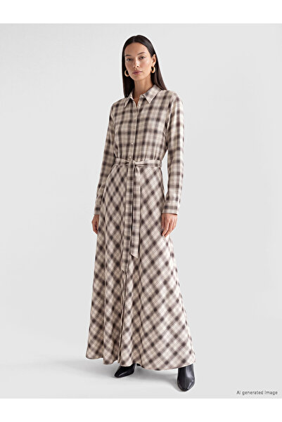 LC Waikiki Ecru Shirt Collar Plaid Belted Dress