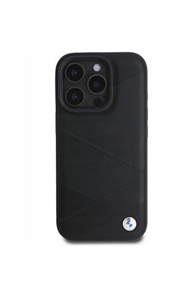 BMW Husă pentru iPhone 16 Pro 6.3 " neagră, din piele, cu model cu linii încr...