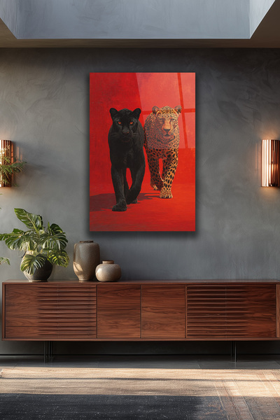 ACRES Leopar Kırmızı Fon Siyah Panter Güç Temalı Dekoratif Cam Tablo 2