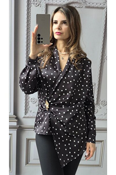 MAXORA SHOP Camasi asimetrice din satin cu brosa detasabila Aurelia - Negru