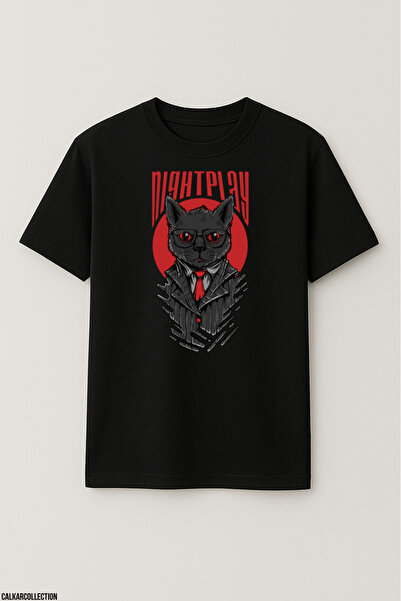 CALKARCOLLECTION Unisex Oversize Nightplay Cat Tshirt