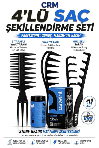 CRM Profesyonel 4’lü Saç Şekillendirme Seti - Mat Pudra Wax & 3 Özel Şekillendirici Tarak - mucizevi tarak - şekil tarağı