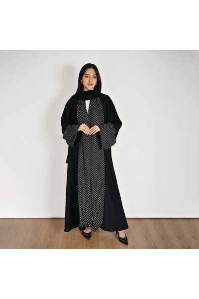 HAWRAA ABAYA Black Wrap Abaya with Dotted Chiffon Overlay