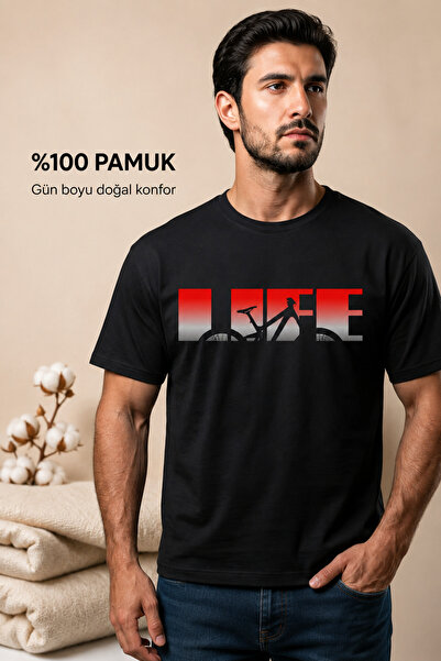 Duzor Μαύρο ανδρικό μπλουζάκι 100% βαμβακερό Life is Bike με στάμπα ποδηλάτου...