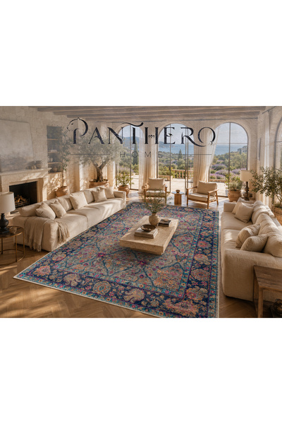 Panthero Home Mavi Fuşya Klasik Vintage Desenli Kaymaz Taban Süngerli Yıkanab...