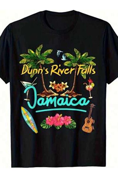 NOURAM تي شيرت رجالي من Dunns River Falls Jamaica Set Trees Palm Tree Cool Gr...