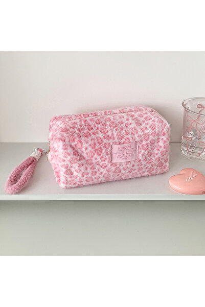 choice2 A Plush Pink Color Leopard Print Schoolgirl Makeup Bag Large Cosmetic...