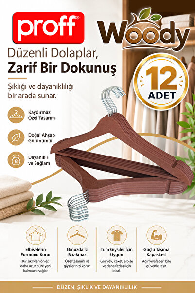 Proff Wooden Patterned Plastic Clothes Hangers - Brown - 12 Pieces