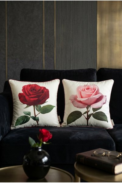 Rayda Home 1 Piece Red Rose 1 Piece Pink Rose Digital Printing Piping Detailed Throw Pillow Cover Modern Home Decor